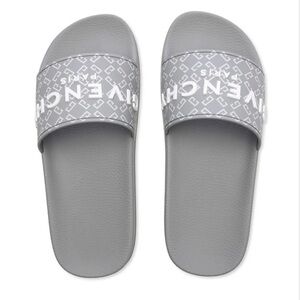 Givenchy Monogram 72 Rubber Flat Slides in grey and white.